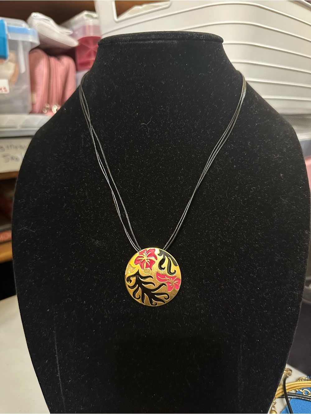 Chico's Gold-Tone Round Pendant Necklace with Pink Floral Design